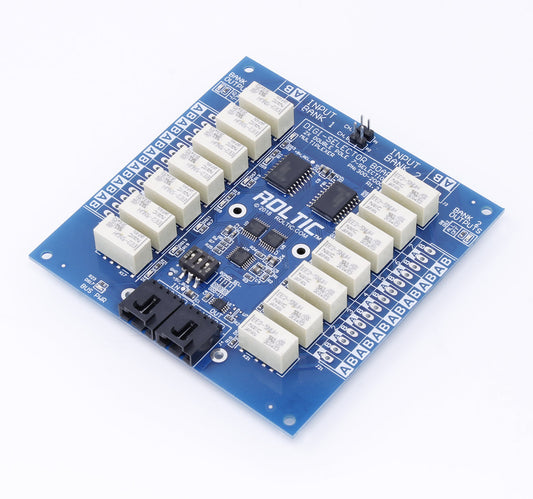 Multiplexer and Demultiplexer board with 2 separate channels of double pole 1-to-7 selection relays. The relays have a 2 Amp current carrying capacity.